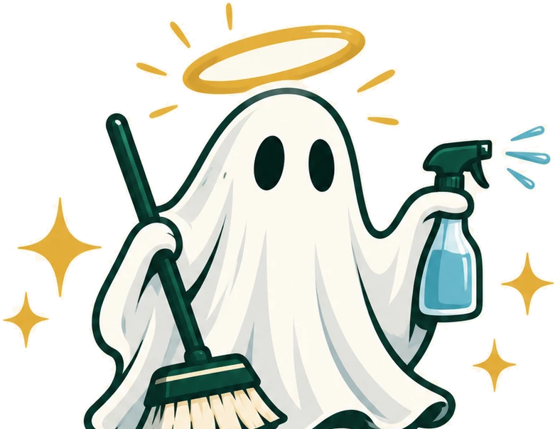 The Holy Sheet ghost, wearing a halo and holding a broom and a spray bottle